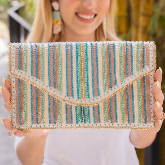 Surf Sand & Seaside Turquoise Beige Beaded Sequin Sparkle Clutch Crossbody Bag - Picture 1 of 15